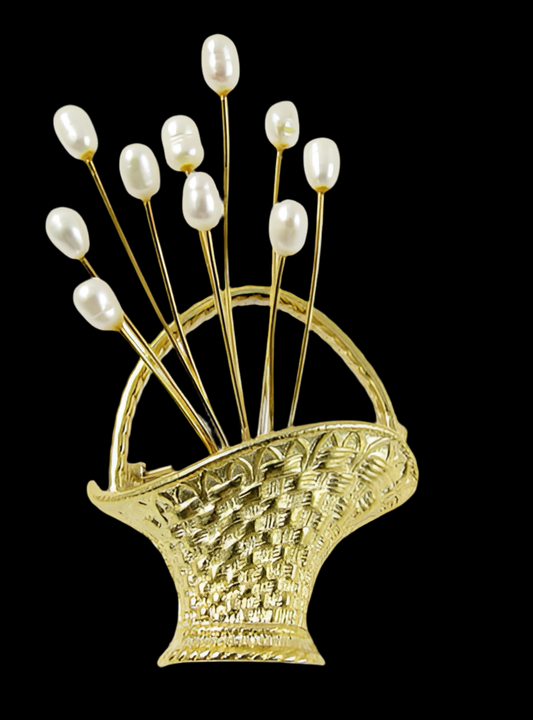 Vintage Brooch, Gold Tone Basket with Faux Pearl Flowers