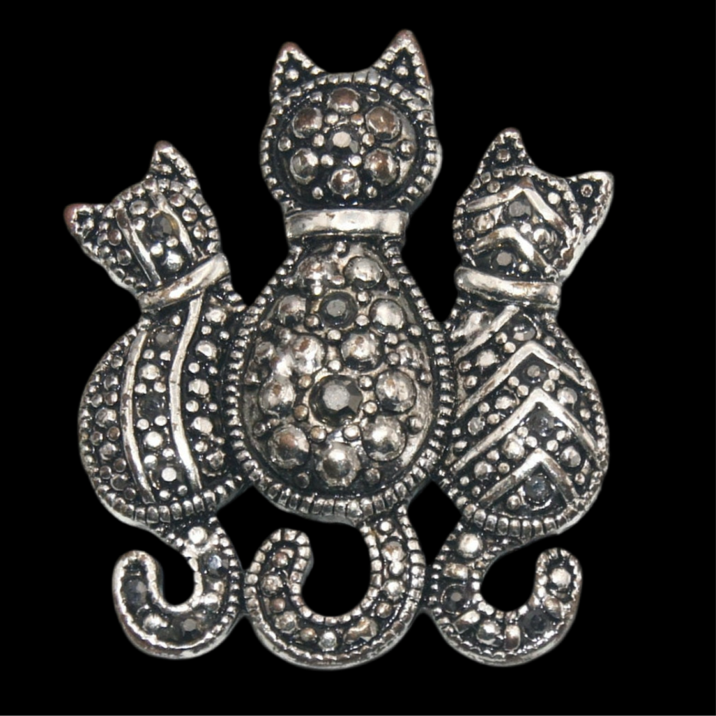 Vintage Silver Tone and Black Rhinestones 3 Cat Brooch