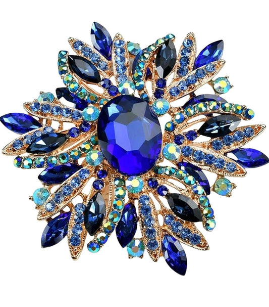 Large Royal Blue Crystal Rhinestone Flower Brooch Pin Pendant