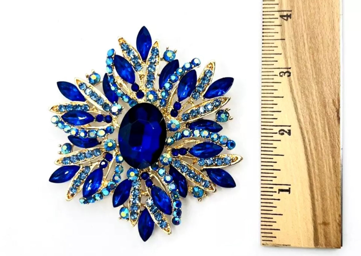 Large Royal Blue Crystal Rhinestone Flower Brooch Pin Pendant