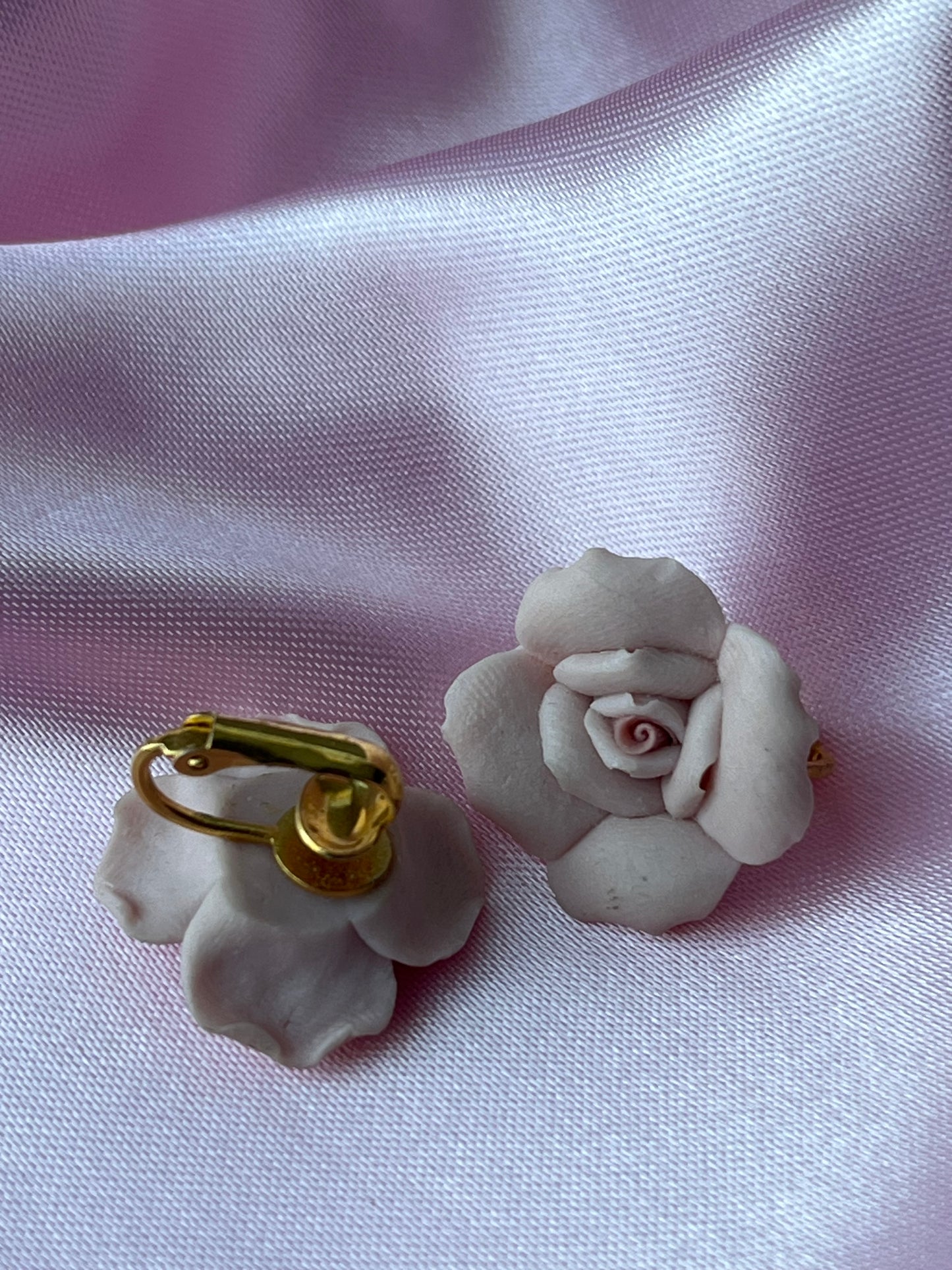 Vintage Pink Rose Porcelain clip on Earrings