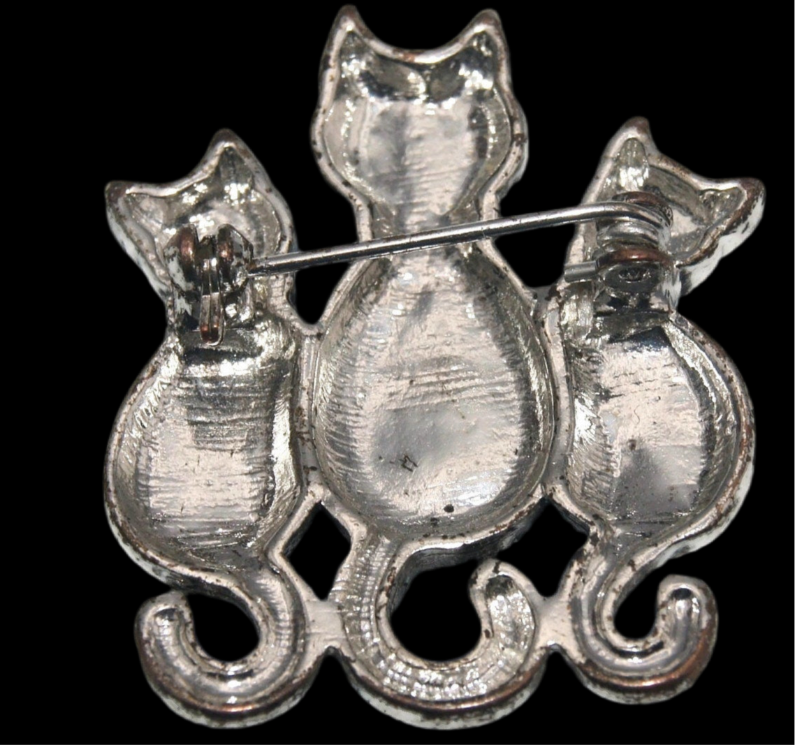 Vintage Silver Tone and Black Rhinestones 3 Cat Brooch