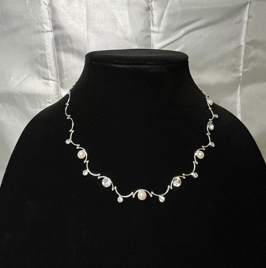 Vtg Claire's Signed Delicate faux Pearl Rhinestone Silver Tone Necklace